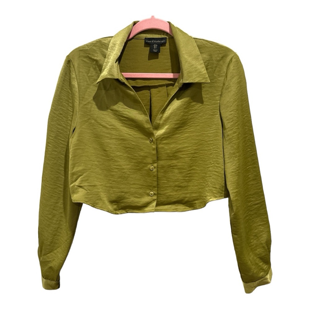 HOUSE OF HARLOW 1960 WOMENS‎ CROPPED GREEN BUTTON DOWN BLOUSE SIZE SMALL.